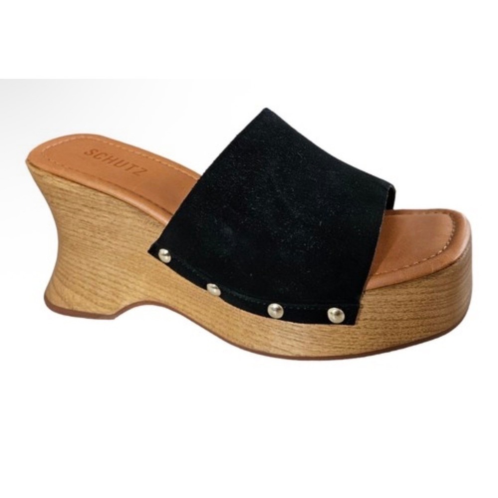 Schutz Lanneh Black Suede Wood Platform Wedge Clog Sandals Rivet Studded 5B
